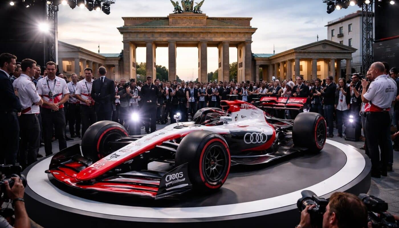 audi dévoile sa nouvelle monoplace à berlin avec l'objectif ambitieux de rivaliser pour le titre mondial en formule 1 dès 2030.