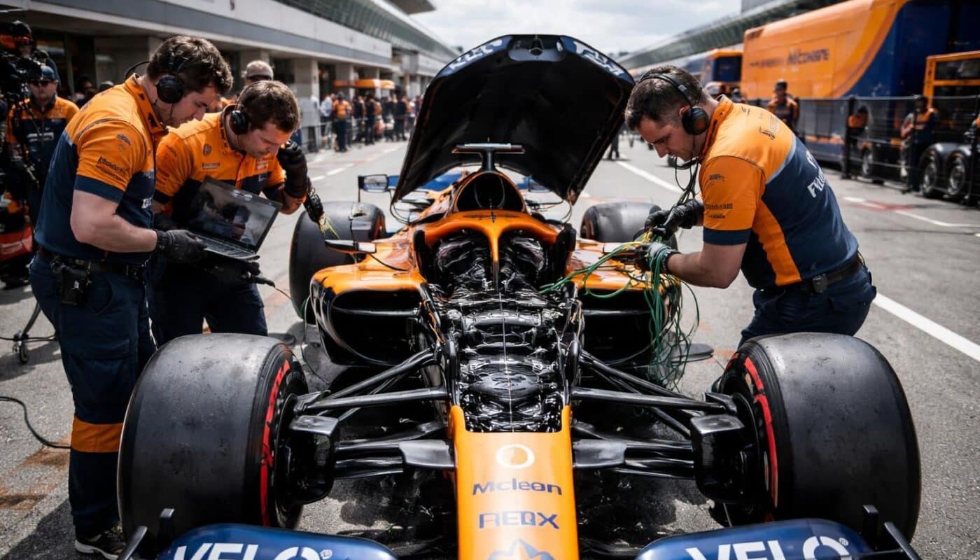 mclaren met fin prématurément à sa deuxième journée de tests en raison d'une défaillance d'alimentation du moteur mercedes, impactant ses préparations en piste.