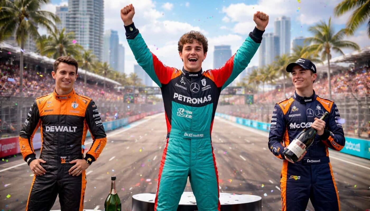kimi antonelli s'impose à miami, devançant lando norris et oscar piastri, pour signer son troisième succès consécutif après ses victoires en chine et au japon.