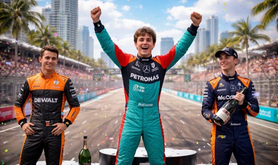 kimi antonelli s'impose à miami, devançant lando norris et oscar piastri, pour signer son troisième succès consécutif après ses victoires en chine et au japon.