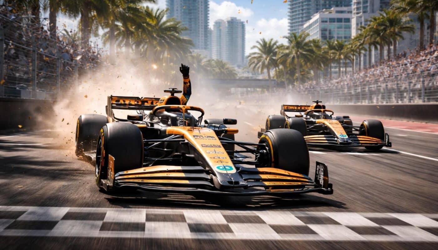 revivez la victoire spectaculaire de mclaren à miami avec lando norris qui remporte la course sprint devant son coéquipier oscar piastri, offrant à l'équipe un doublé éclatant.