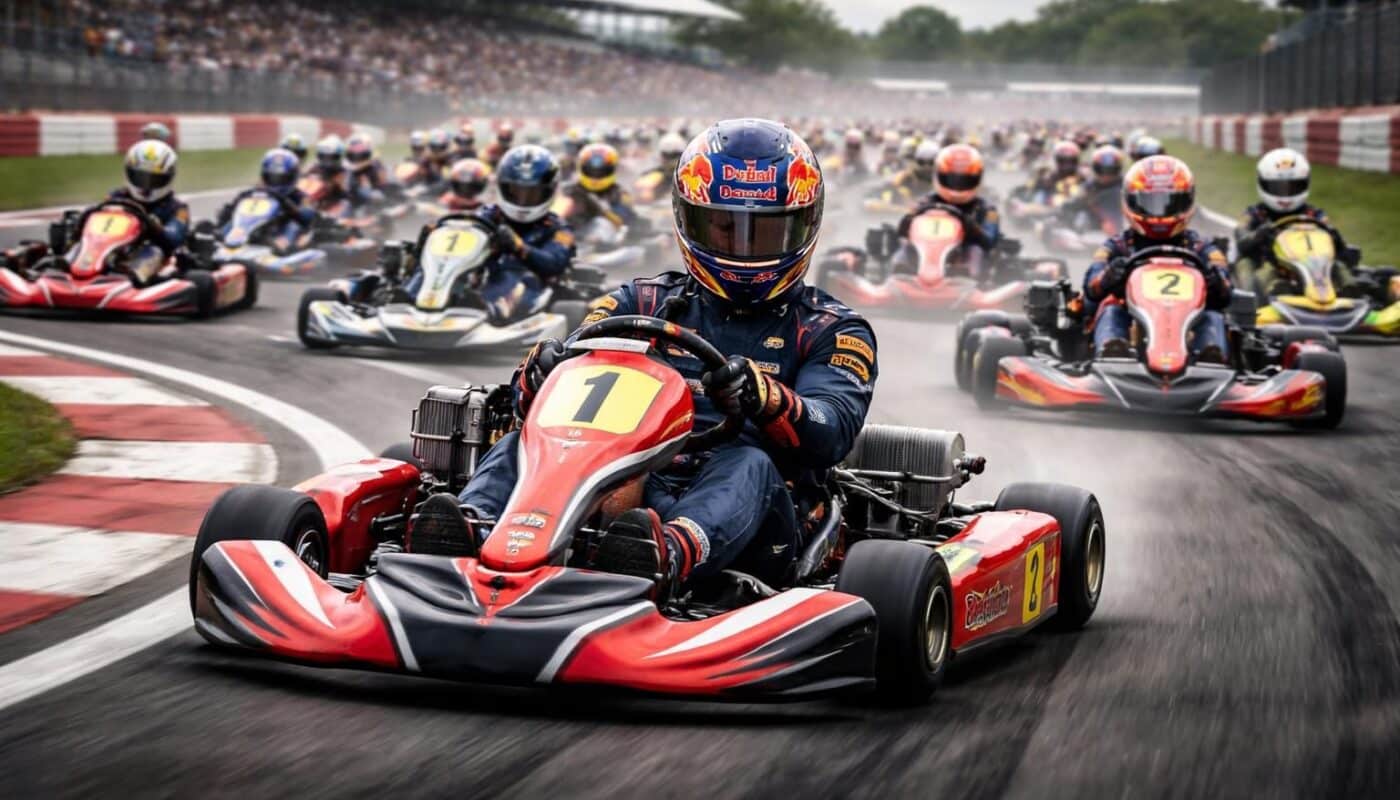 découvrez le défi unique de max verstappen qui affronte 100 pilotes en karting sur le célèbre circuit de silverstone, mêlant vitesse et esprit de compétition.