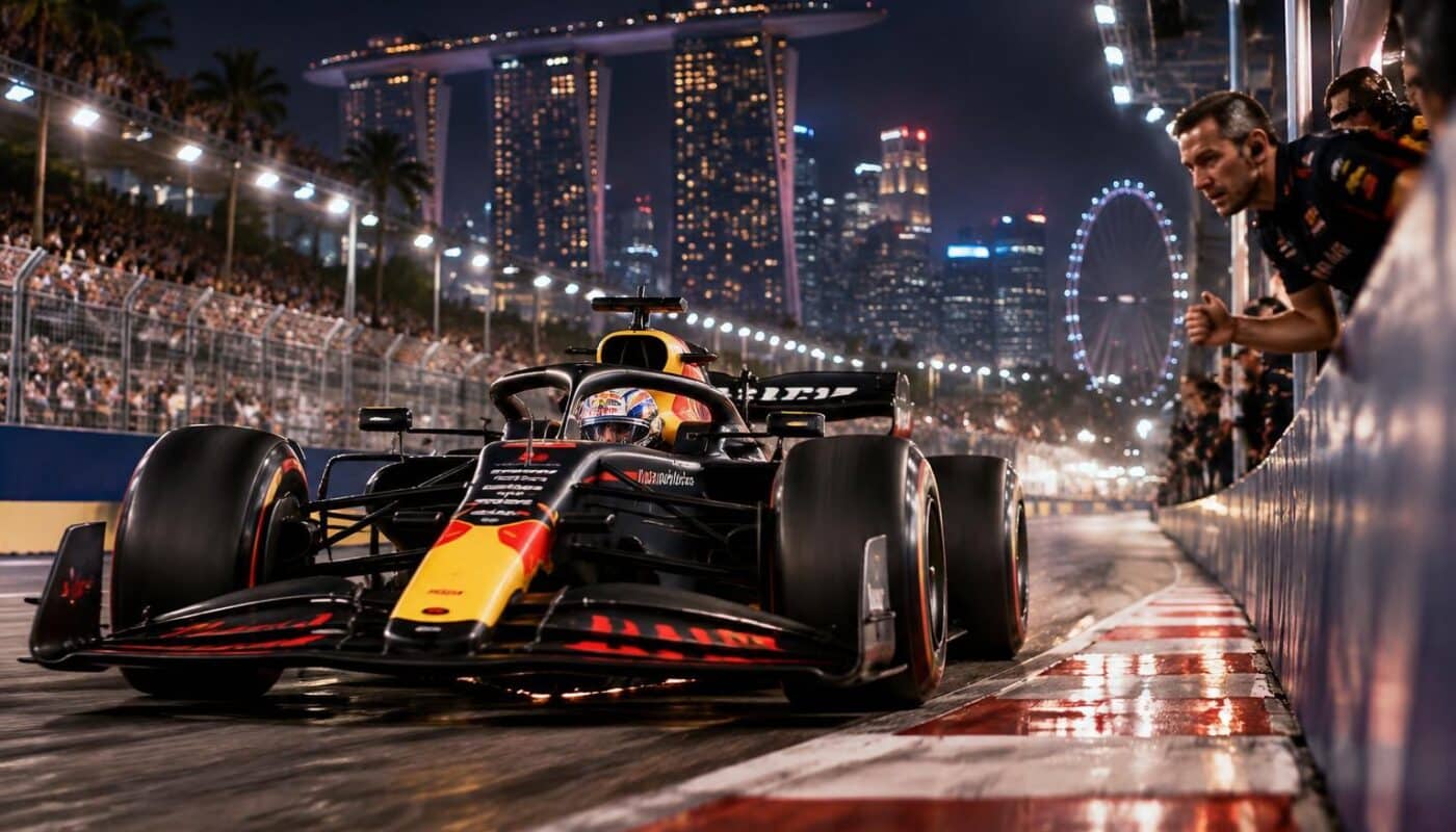 à singapour, max verstappen gère sa course sans radio. son talent et sa complicité avec son ingénieur lui permettent de garder le contrôle.